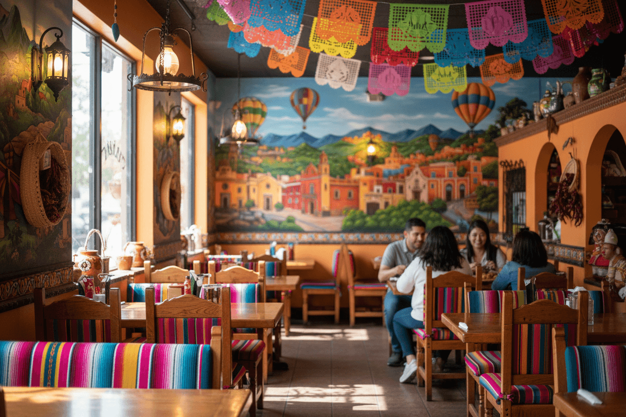 Warm interior of Mi Lindo Guanajuato restaurant with traditional Mexican decor