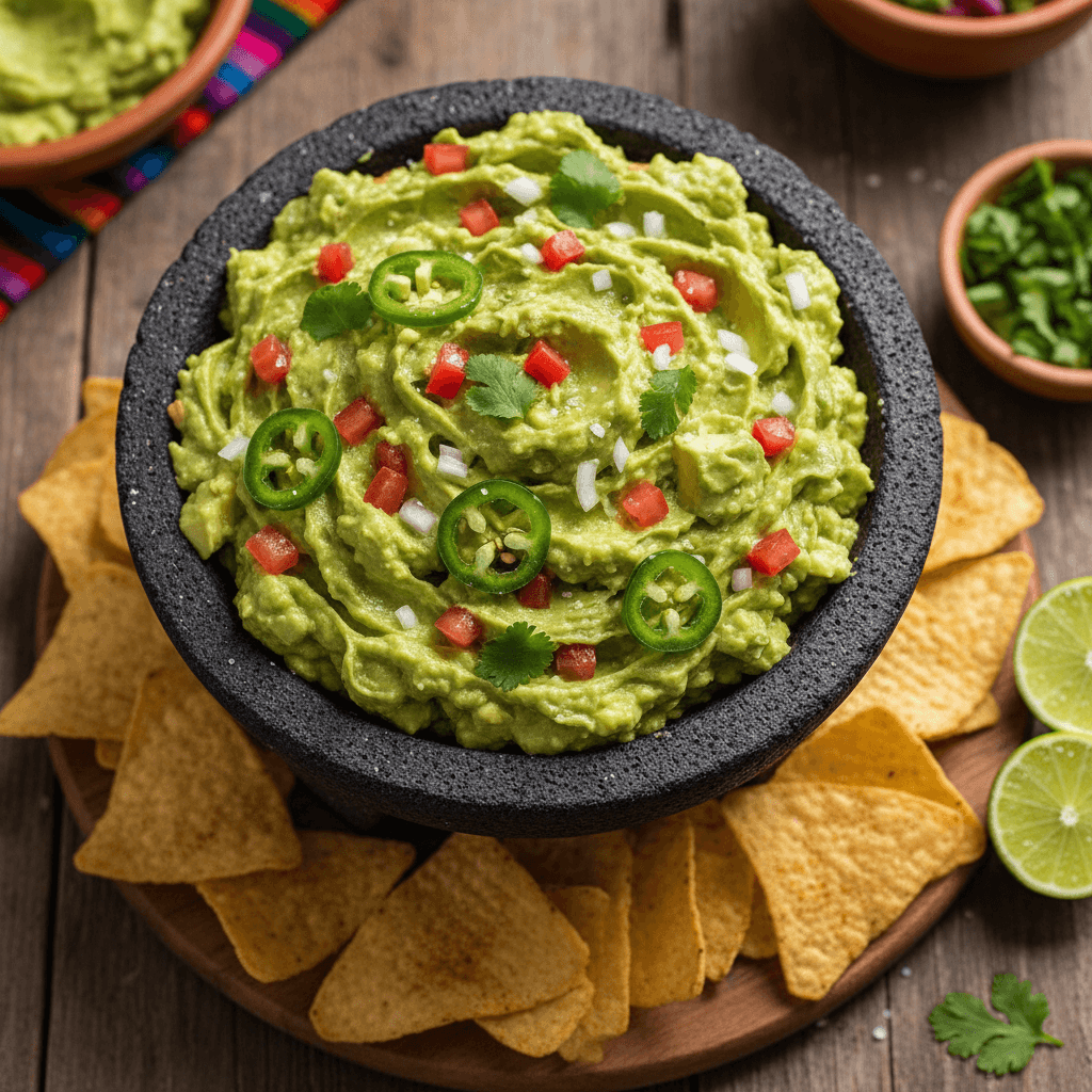 Fresh guacamole in molcajete with tortilla chips