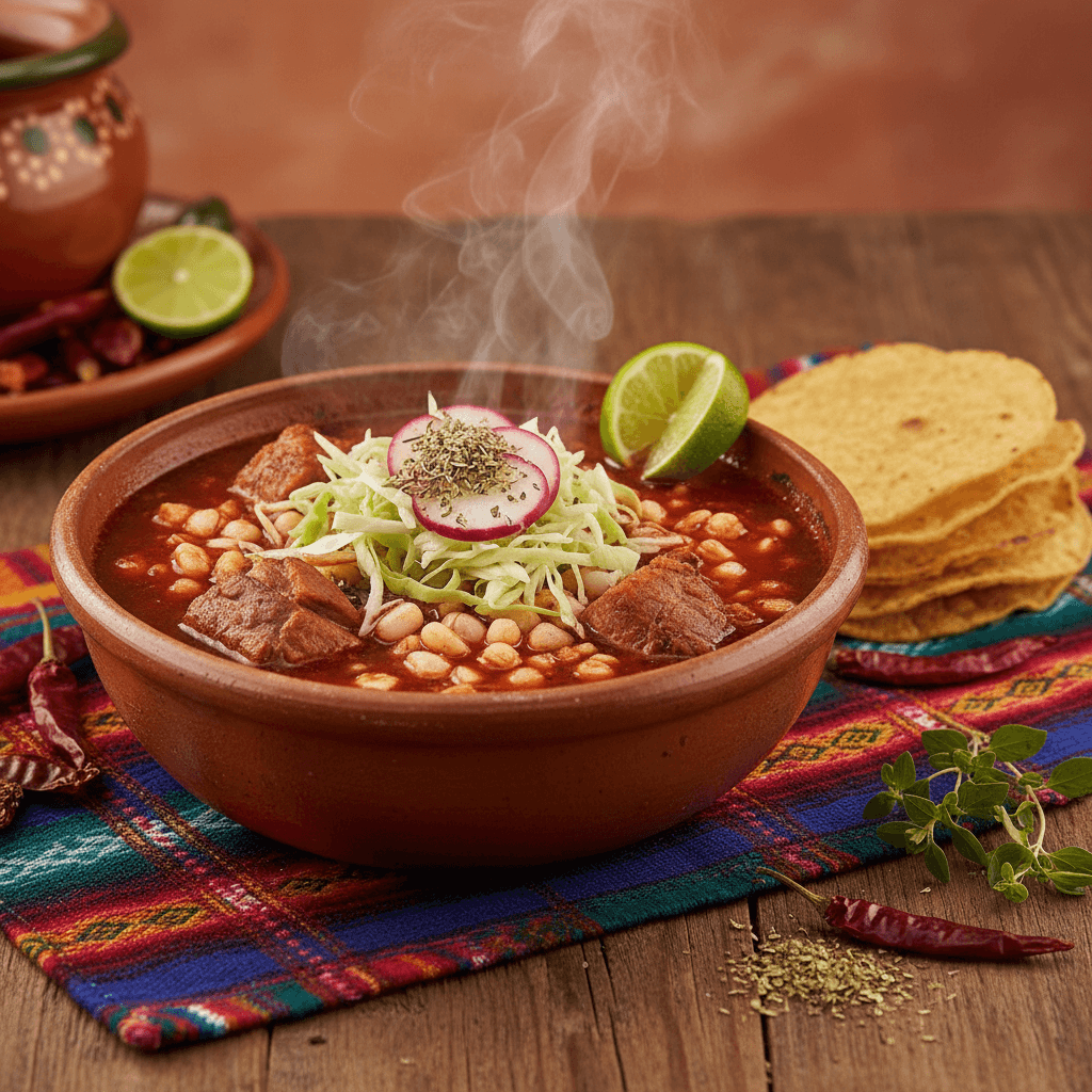 Traditional pozole soup with garnishes