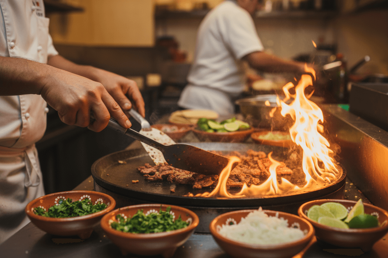 Chef preparing fresh tacos on the grill
