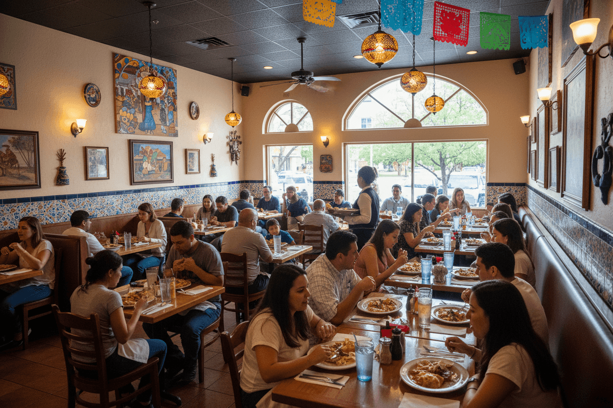 Busy dining room at Mi Lindo Guanajuato with happy customers