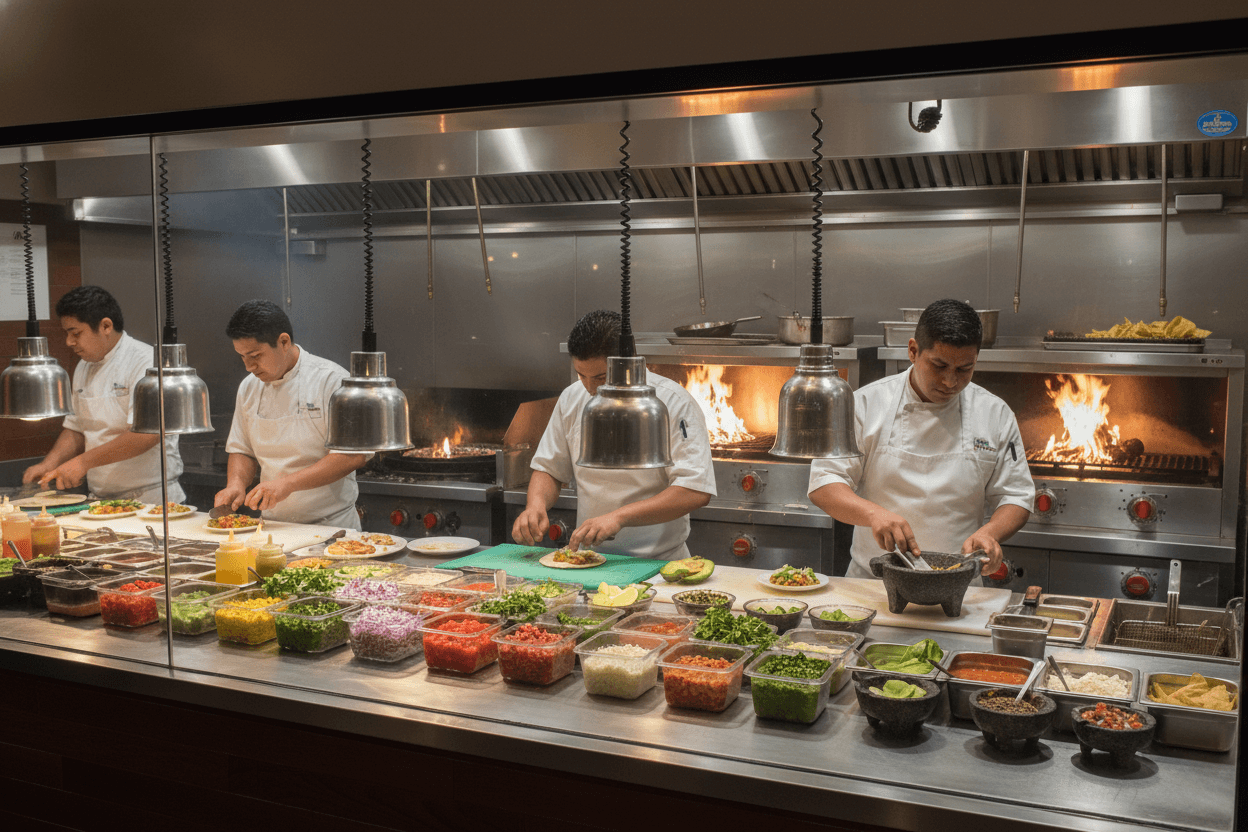 Open kitchen at Mi Lindo Guanajuato showing food preparation