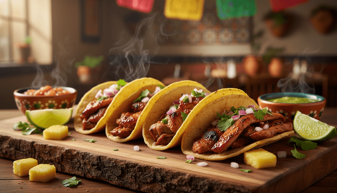 Authentic tacos al pastor platter with fresh garnishes at Mi Lindo Guanajuato