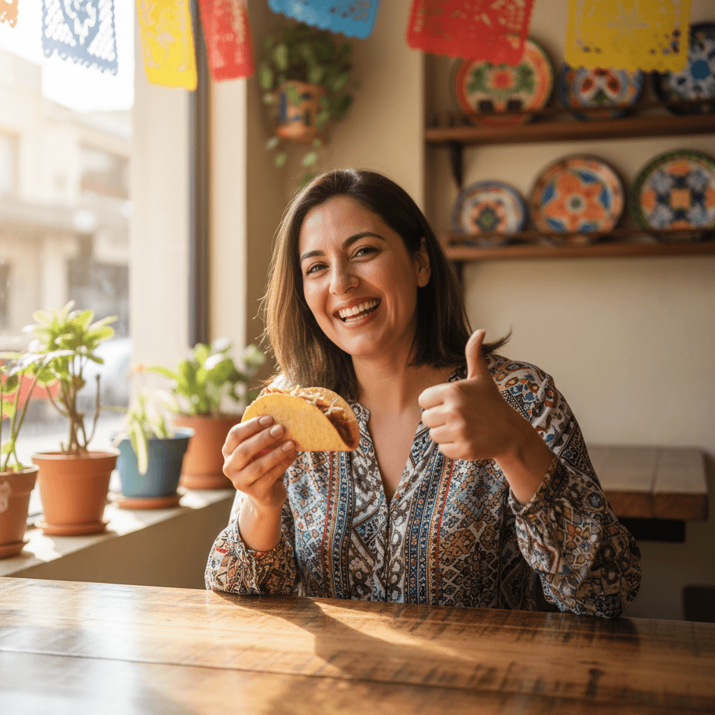 Happy customer enjoying tacos at Mi Lindo Guanajuato